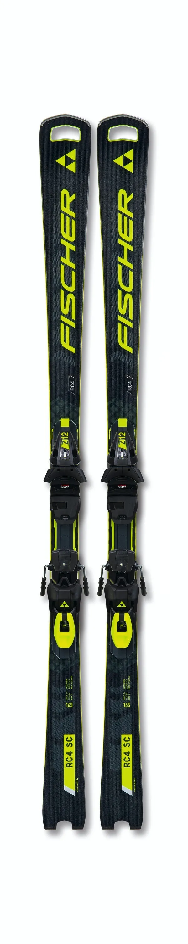 Skis noirs Fischer RC4 Worldcup SC avec écriture jaune et fixation Z12 vue d'en haut.