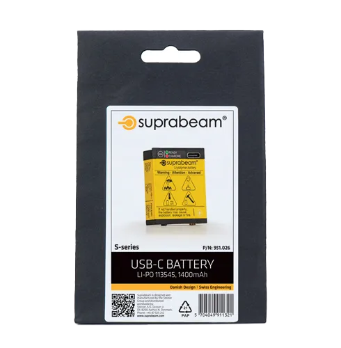 Verpackung einer Lithium Polymer 1400 mAh USB-C Batterie der S-Serie von Suprabeam.