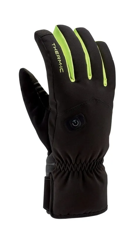 Gros plan sur un Powerglove Light + noir Therm-ic, paume vers l'avant, avec des touches de vert sur les doigts.