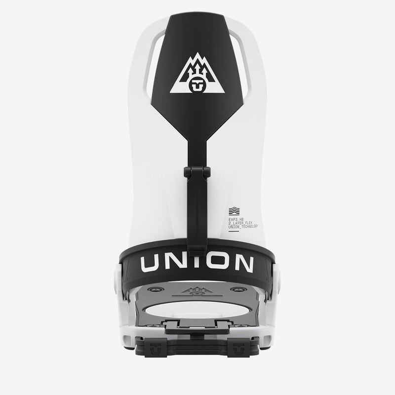 Weisse Union Splitboard Bindung Weisse Union Charger Splitboard Bindung mit schwarzem Highback und schwarzen Details, Blick von hinten.