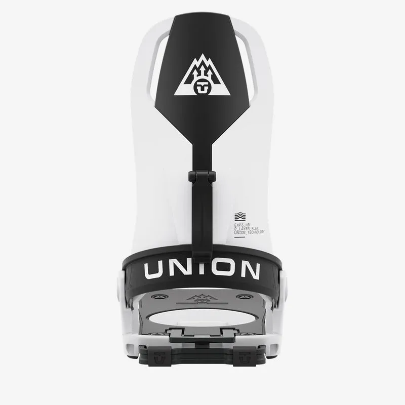 White Union Charger splitboard binding with black highback and black details, view from behind.