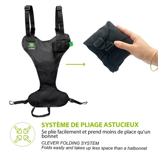Skiback for rucksack shows unused and folded with pack size next to it. Arrow shows folding function.