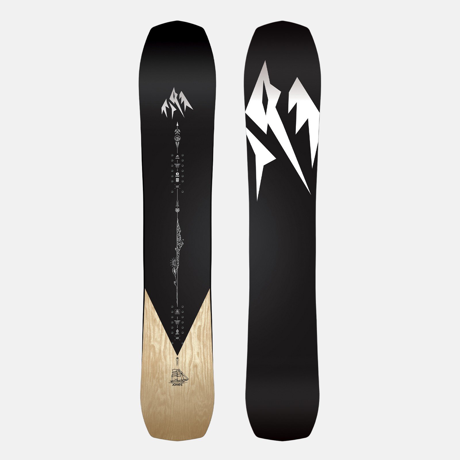 Schwarz-beiges Jones Flagship Pro Snowboard, Oberseite mit Grafiken, inklusive Logo und Schiffsabbildung.