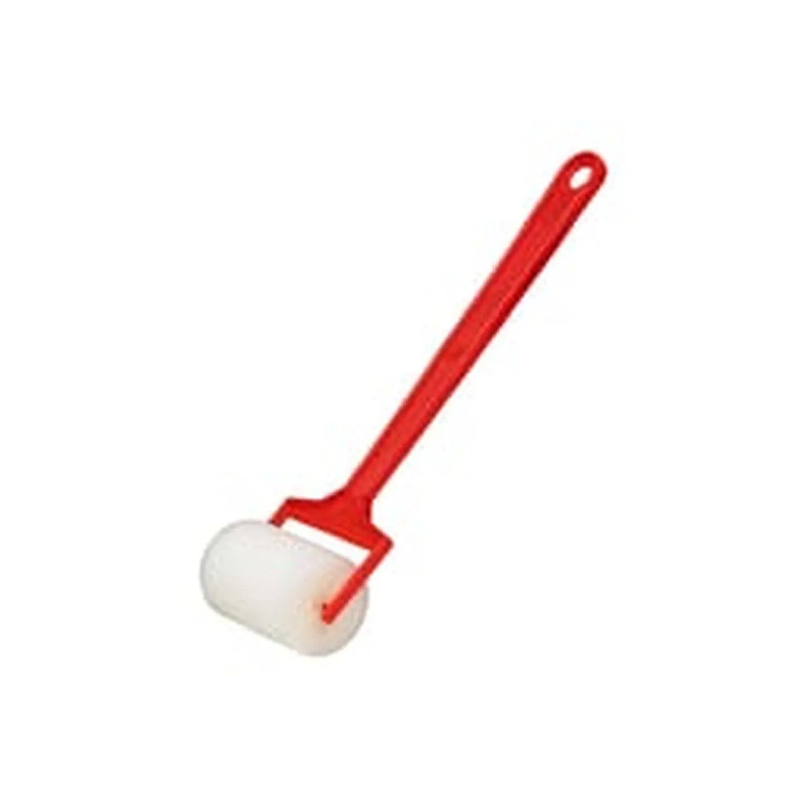 Red paint roller with a long handle and a white foam roller.