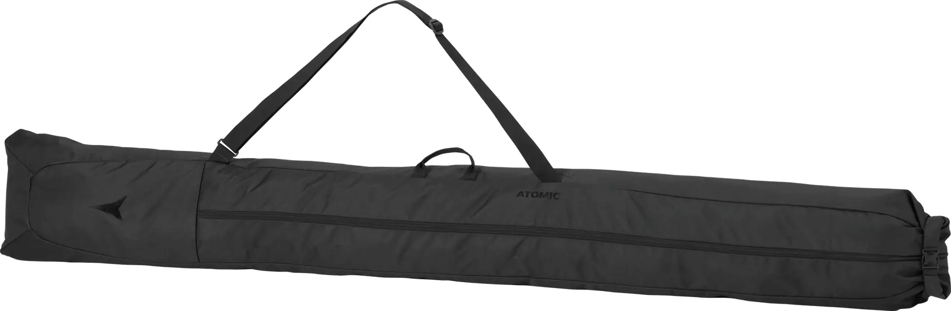 Schwarze Skitasche mit Reißverschluss, Tragegriff und Schultergurt, auf der das Atomic-Logo aufgedruckt ist.