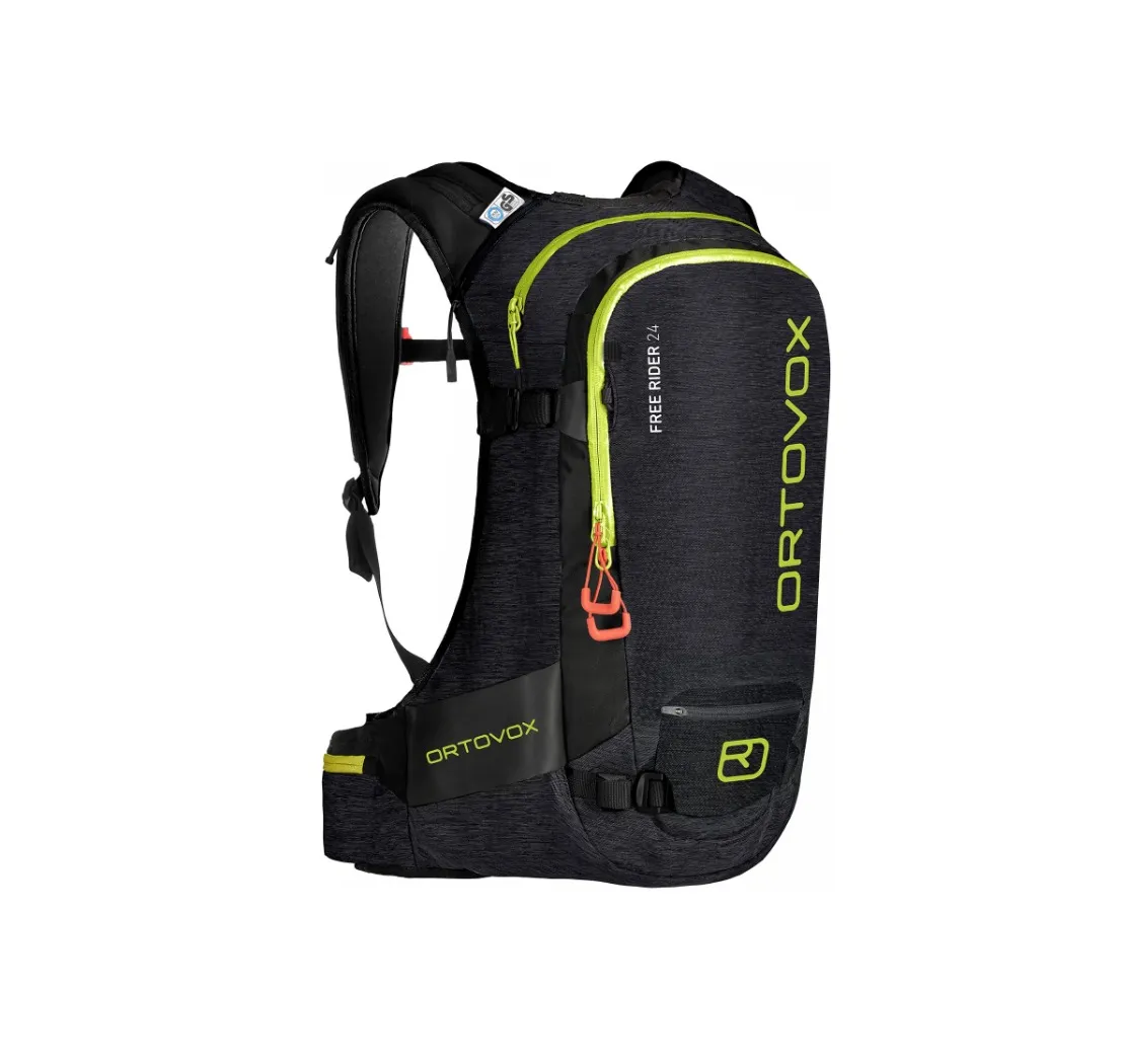 Schwarzer Ortovox Free Rider 24 Rucksack mit neon-gelben Akzenten und Logo.