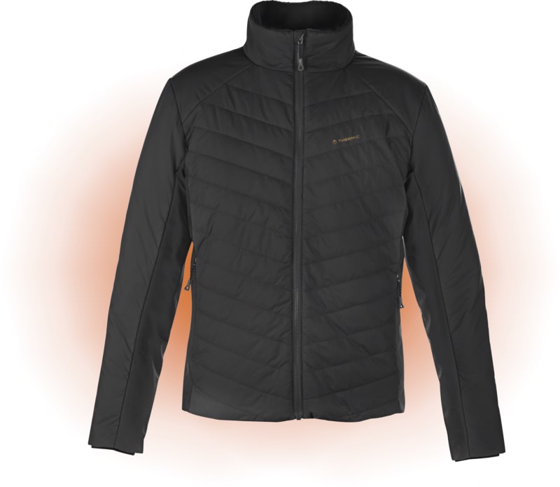 Schwarze Therm-ic Powerjacket Speed Men mit Reißverschluss, Stehkragen und seitlichen Reißverschlusstaschen.