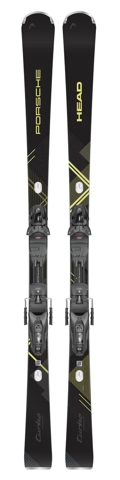 Two black Head Porsche 7 Series skis with yellow lettering and bindings.