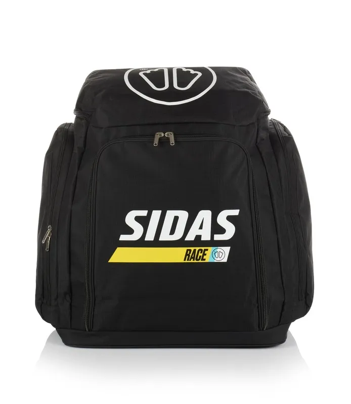 Schwarze Sidas Race Boot Bag, Frontansicht. Logo oben, Schriftzug und gelber Streifen mit "Race" mittig. Reissverschlüsse und Seitentaschen.