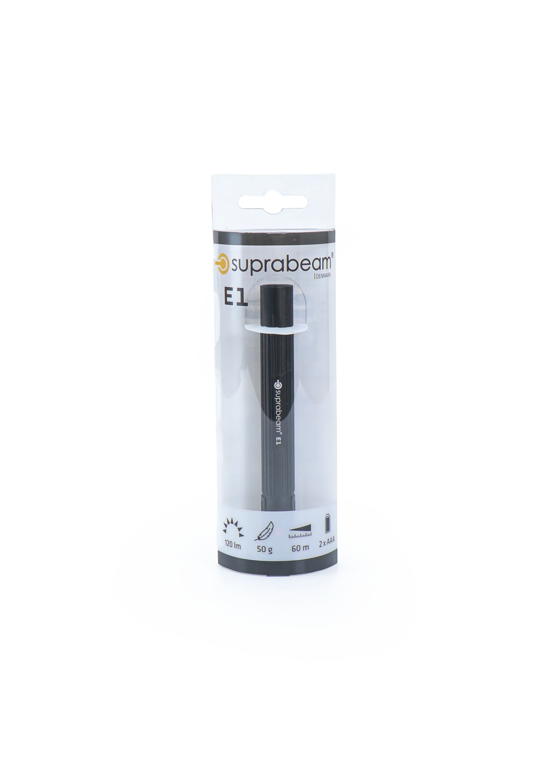 Verpackte, schwarze Stift-Taschenlampe "Suprabeam E1", technische Daten auf der Verpackung sichtbar.