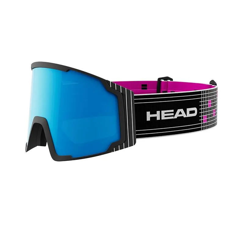 A pair of blue Head ski goggles with a pink interior and black elastic strap, angled at the side.