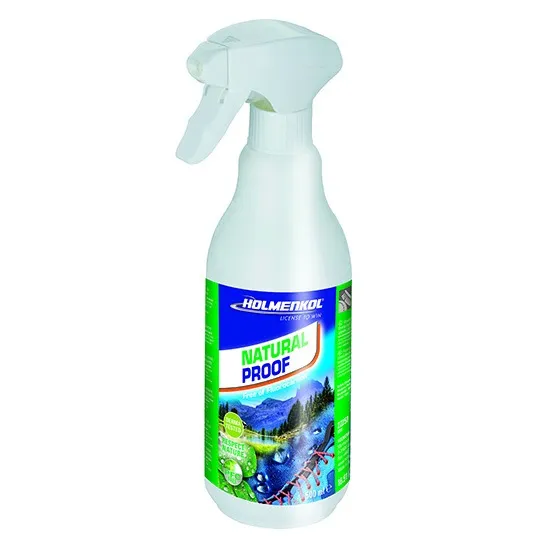 Flacone spray bianco dell'impregnante Holmenkol Natural Proof con etichetta verde-blu.