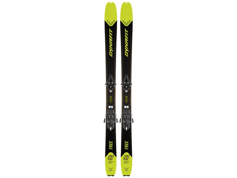 Draufsicht auf ein Paar Dynafit Free 97 Ski mit gelben Spitzen und schwarzem Mittelteil mit montierter Bindung.