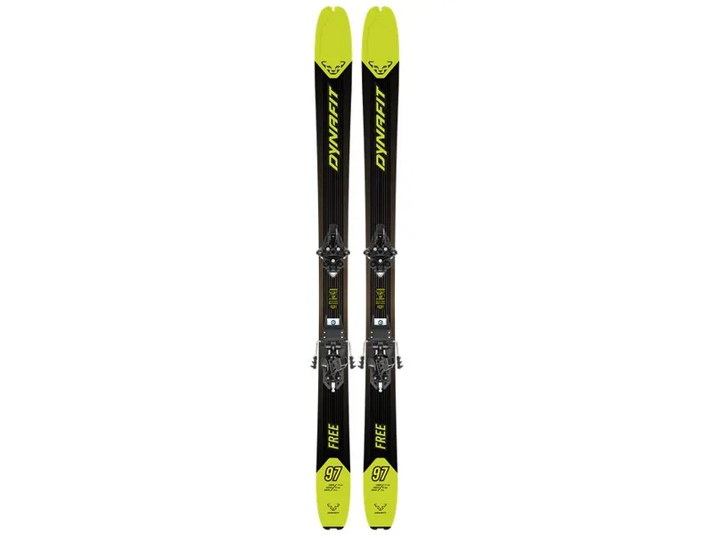 Draufsicht auf ein Paar Dynafit Free 97 Ski mit gelben Spitzen und schwarzem Mittelteil mit montierter Bindung.
