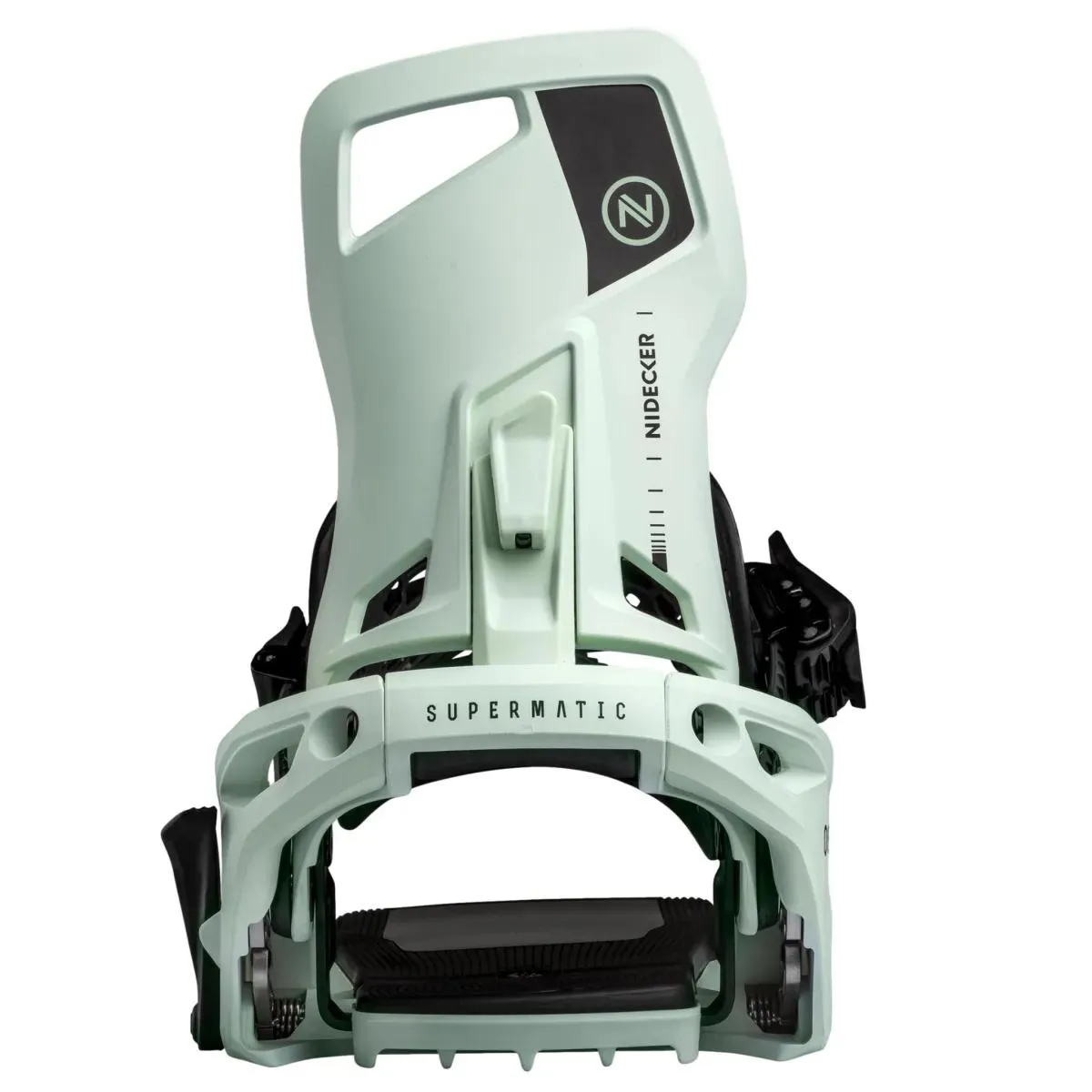 Light-colored snowboard binding with high back, black logo and "SUPERMATIC" lettering against a white background.