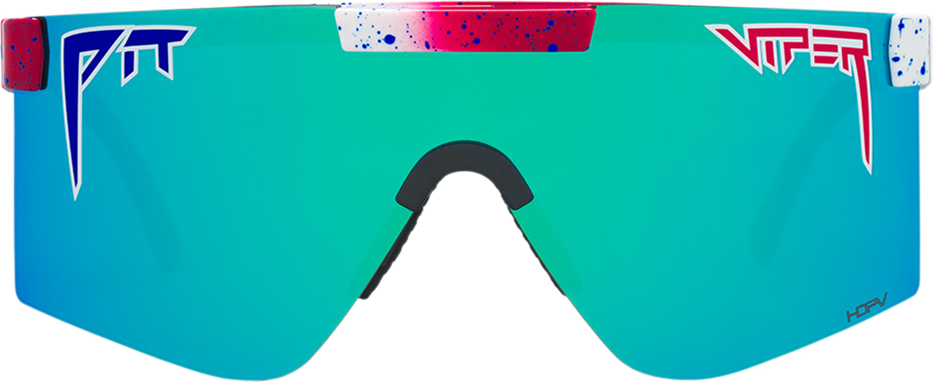 Blaue polarisierte Pit Viper Sonnenbrille mit rotem Farbklecks-Akzent oben und Logos an den Seiten.