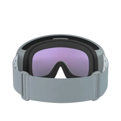 Grey ski goggles with purple tinted lenses and an adjustable strap, shown from behind.