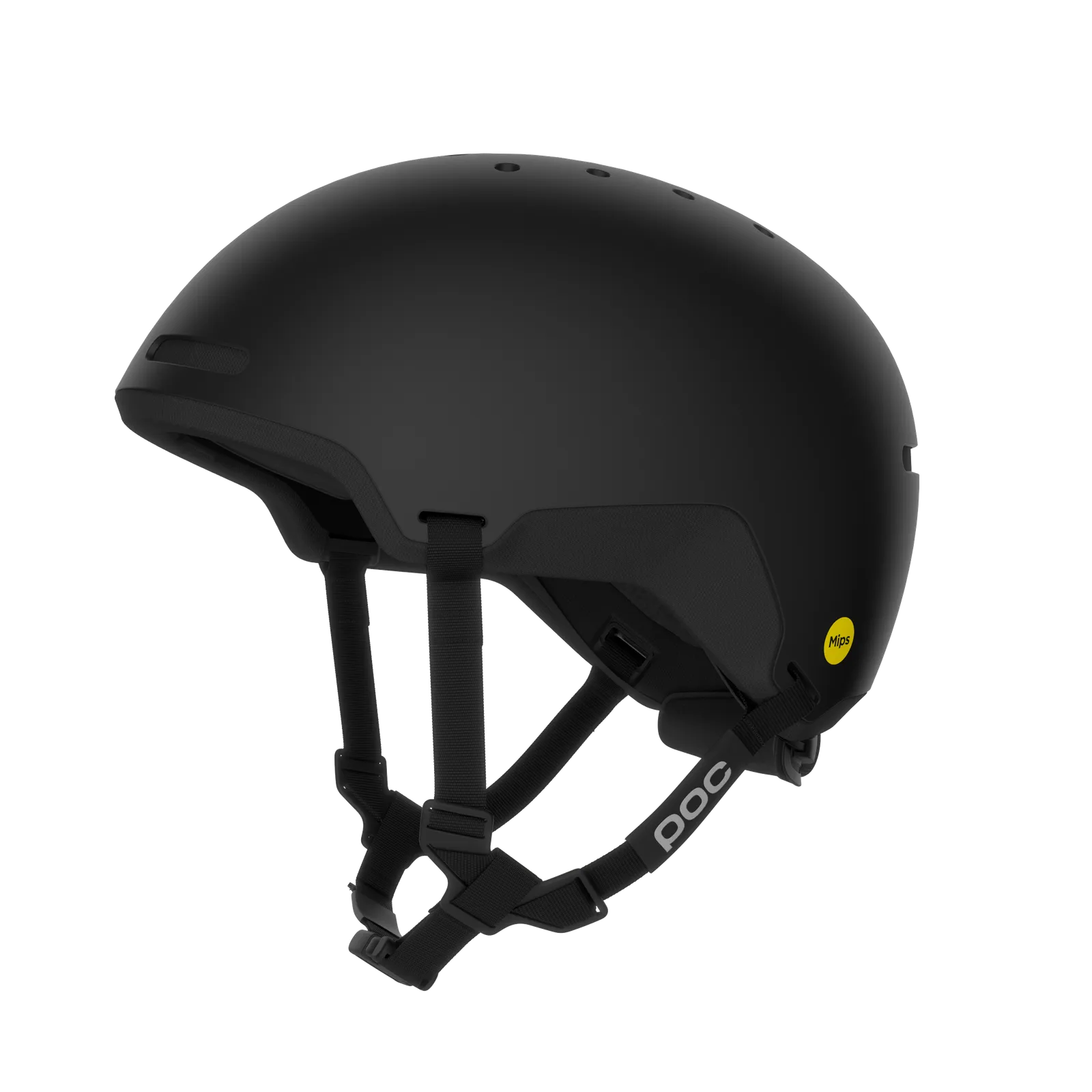 Black POC Calyx helmet, multifunctional for skiing, mountaineering and cycling. Straps and Mips safety sticker visible.