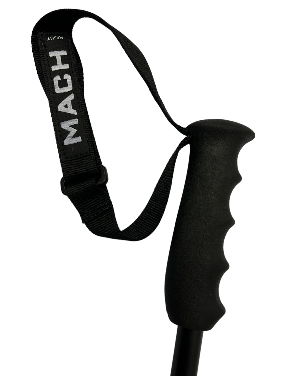 Schwarzer Skistock von MACH mit Griff und Handschlaufe im Detail.