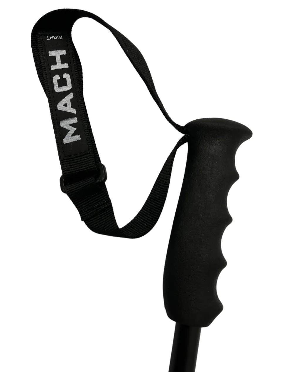 Bâton de ski noir de MACH avec poignée et dragonne en détail.