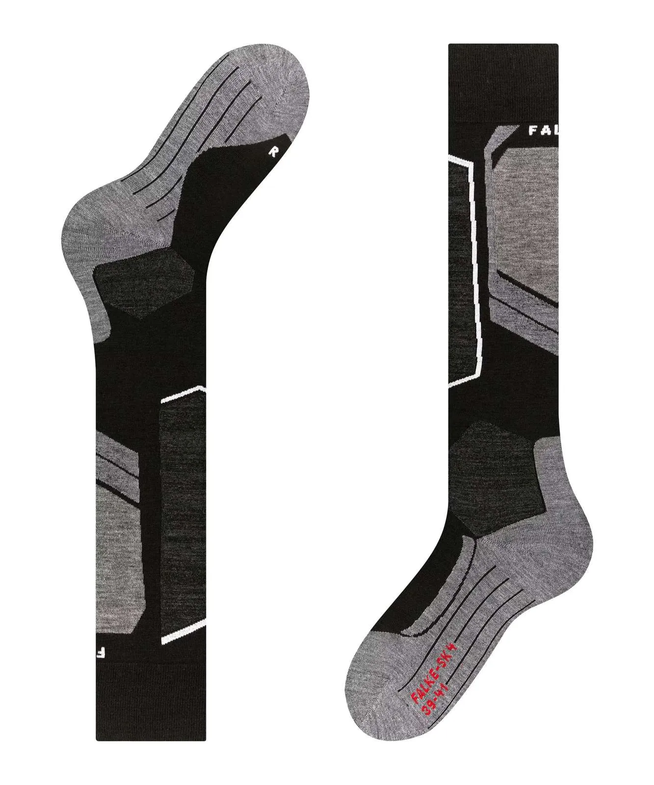 Deux chaussettes de ski (gauche/droite), noir-gris avec un motif géométrique et des lignes de renfort blanches. Inscription rouge sur la semelle droite.
