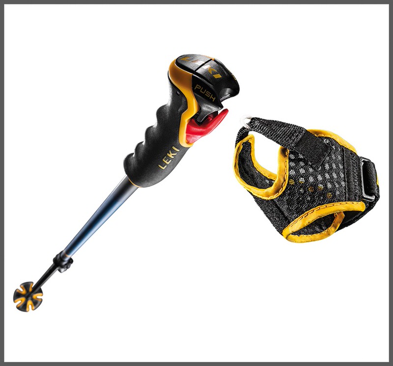 Leki Spitfire Skistock Leki Spitfire Vario 3D Skistock mit Griff, Schlaufe und Teller auf weißem Hintergrund.