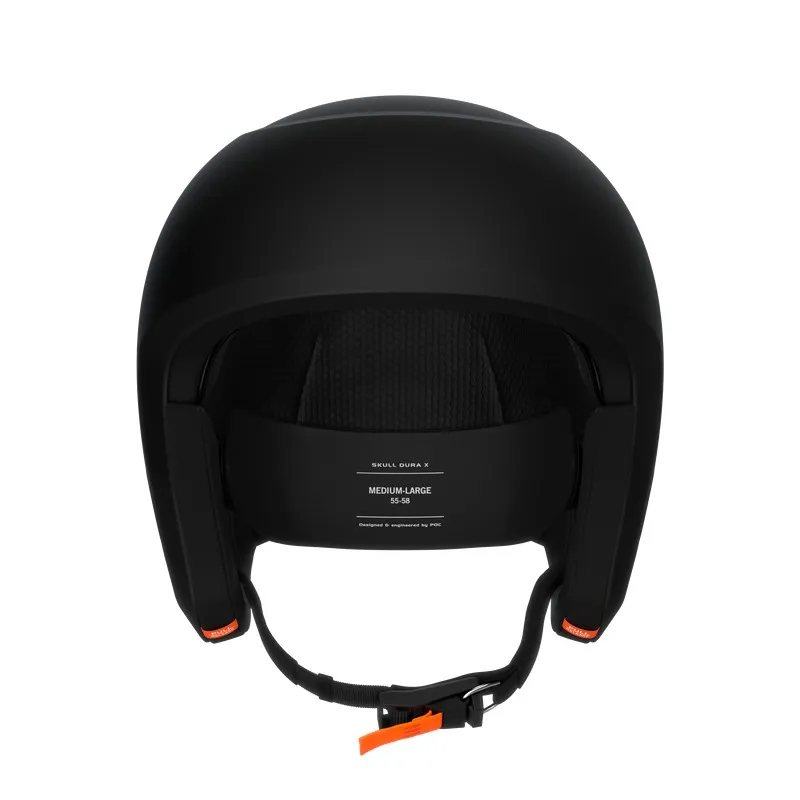 Black ski helmet with orange fastener, front view, inner padding visible.