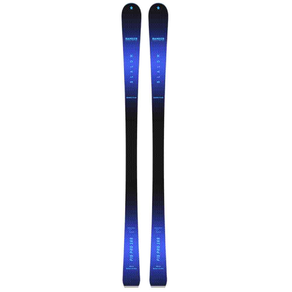 Deux skis FIS Ramser  Deux skis Ramser FIS SL Competition avec un dégradé bleu-noir de haut en bas.