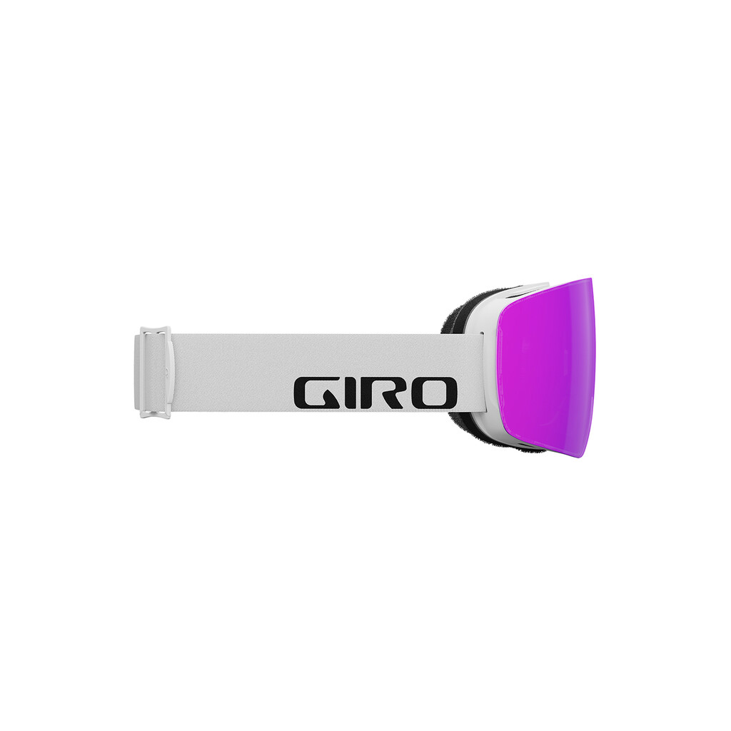 Weiße Giro Skibrille Weiße Giro Contour RS Vivid Skibrille mit pinkfarbener Linse, seitliche Ansicht.