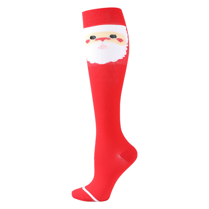 Rote Santa Skisocke mit Weihnachtsmann-Motiv. Die Socke ist knielang und hat eine weiße Applikation am Zeh.