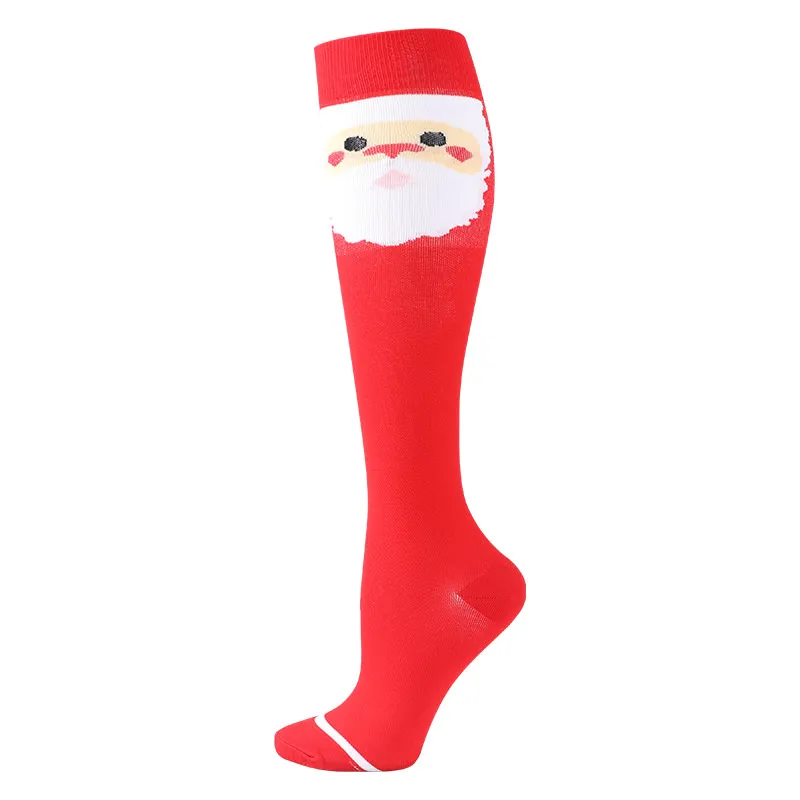 Red Santa ski sock with Santa Claus motif. The sock is knee-length and has a white appliqué on the toe.
