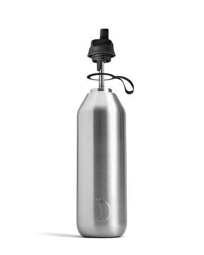 Silberne Chillys Series 2 Flip Edelstahl Trinkflasche (1L) mit offenem, schwarzem Flip-Deckel.