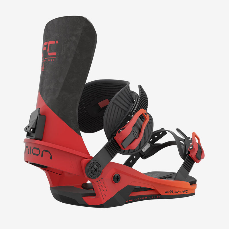 Close-up of the Union Atlas FC snowboard binding in lava orange, side view.