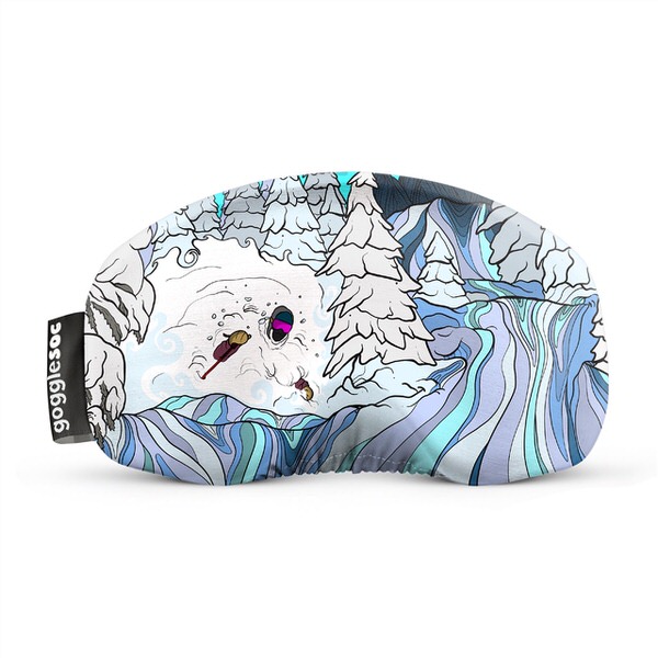 Gogglesoc mit Winterlandschaft-Motiv; Bäume, Schnee, Ski-Fahrer. "Into the white room Soc" Design.