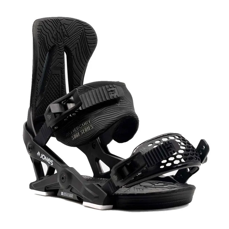 Black Jones Mercury snowboard binding, side view. Straps are closed, highback is mounted.