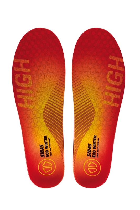 Zwei rote Sidas 3Feet Eco Winter High Einlegesohlen von oben mit gelbem Muster und "HIGH" Schriftzug.