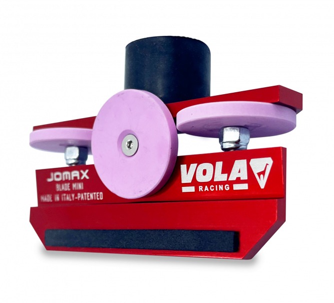 Roter Mini Blade Ceramique Kantenschärfer mit Schleifscheiben und schwarzem Griffstück.