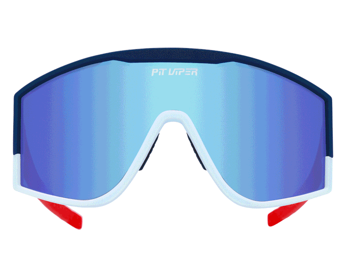 Lunettes de soleil bleues Pit Viper  Lunettes de soleil bleues Pit Viper avec monture blanche et extrémités des branches rouges.