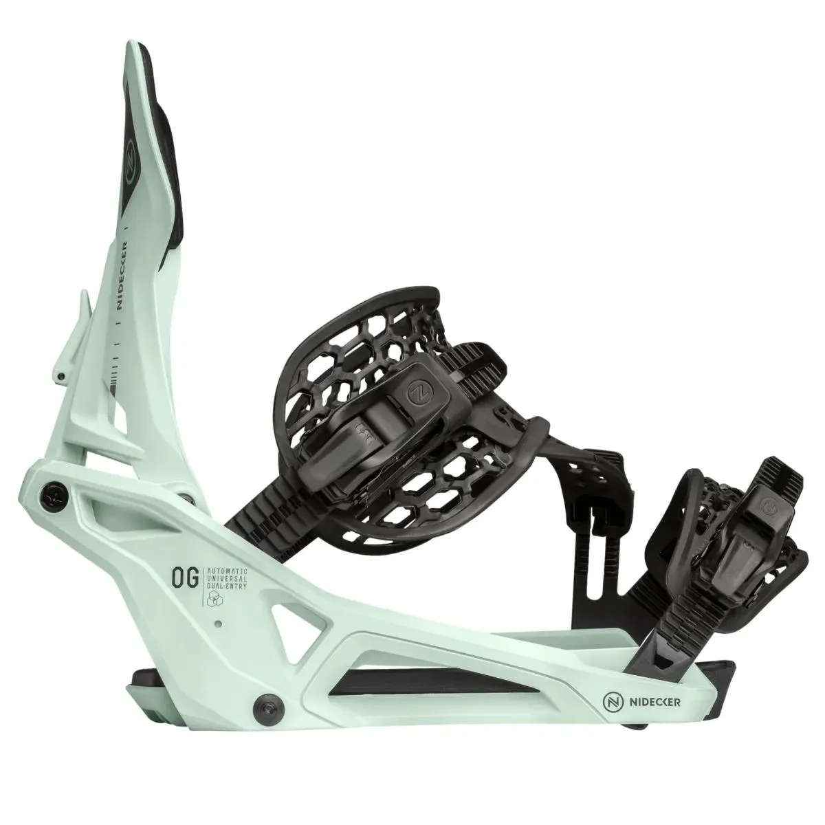 A light green snowboard binding from Nidecker with black heel strap and foot strap.