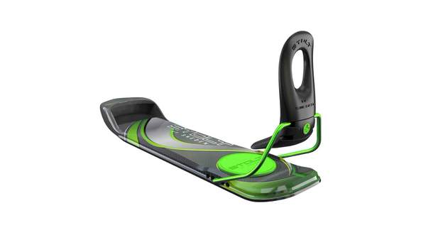Bootski Carbon vert Bootski Carbon Green Edition : un BootSki vert STOLT avec un support de chaussure noir sur un fond blanc.