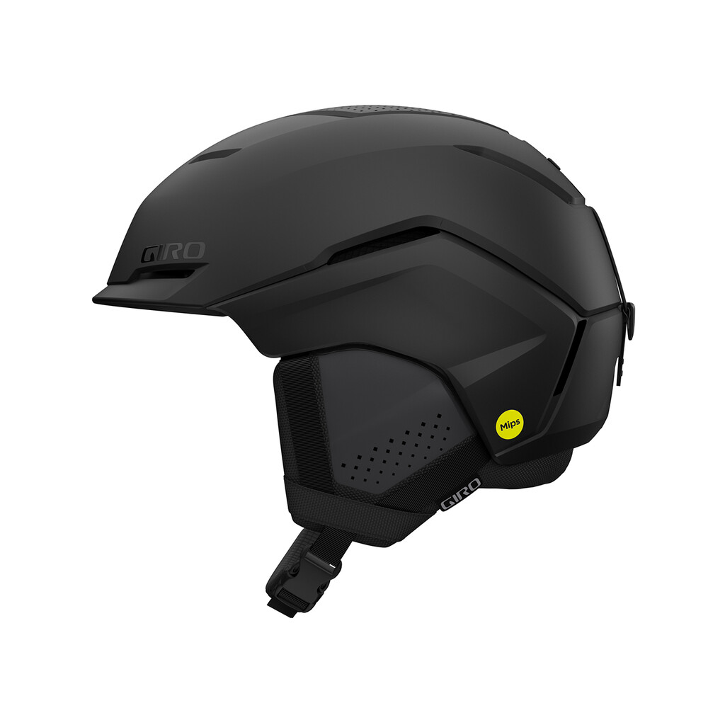 Casque de ski noir mat Giro Tenet MIPS, vue latérale avec jugulaire et logo MIPS.