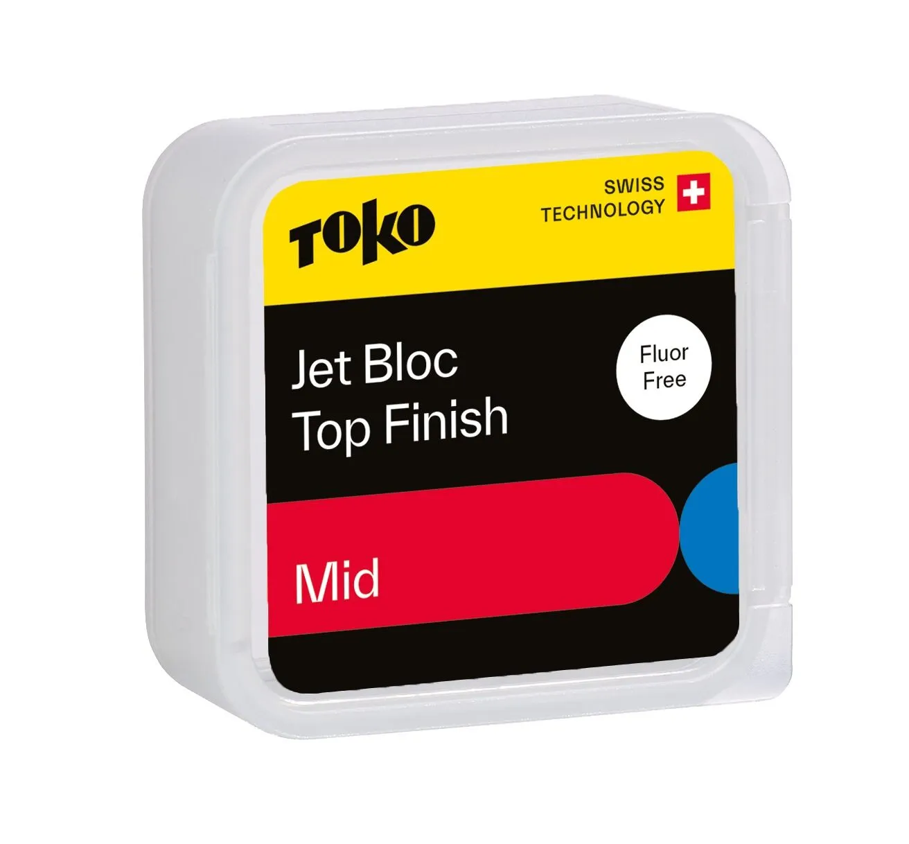 Ein quadratischer, transparenter Behälter mit gelbem Etikett, das Produktinformationen wie "Jet Bloc Top Finish" und ein rotes Rechteck zeigt.