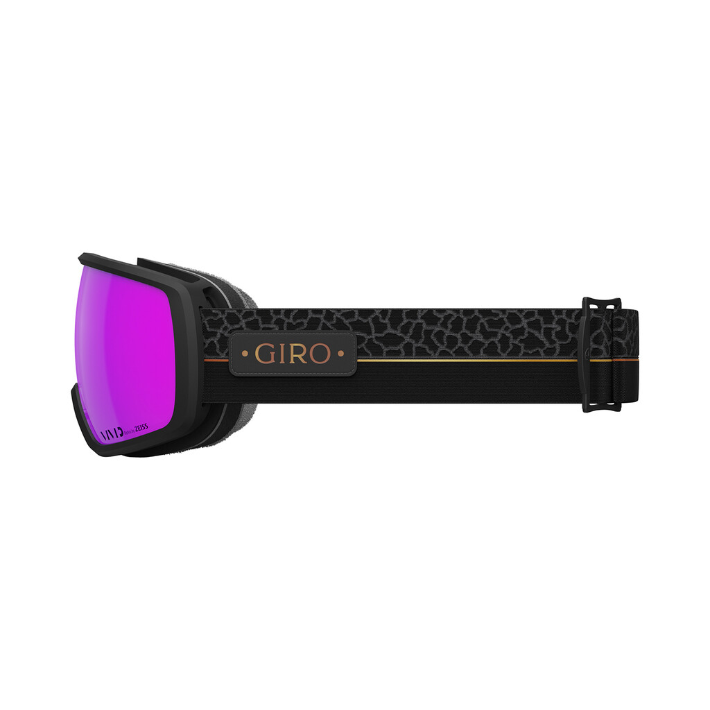 Giro Balance II Vivid Goggle in Schwarz mit pinkfarbener Scheibe und gemustertem Band, seitliche Ansicht.