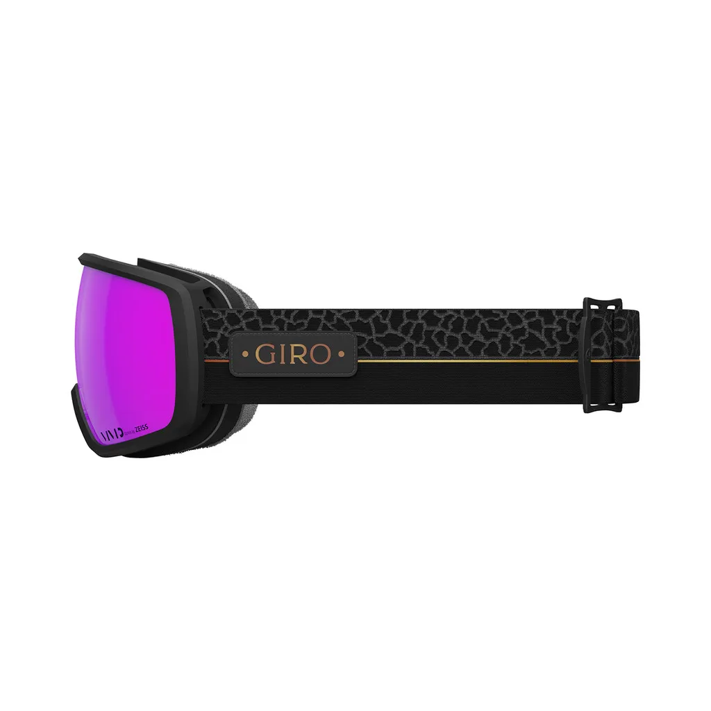 Giro Balance II Vivid Goggle in Schwarz mit pinkfarbener Scheibe und gemustertem Band, seitliche Ansicht.