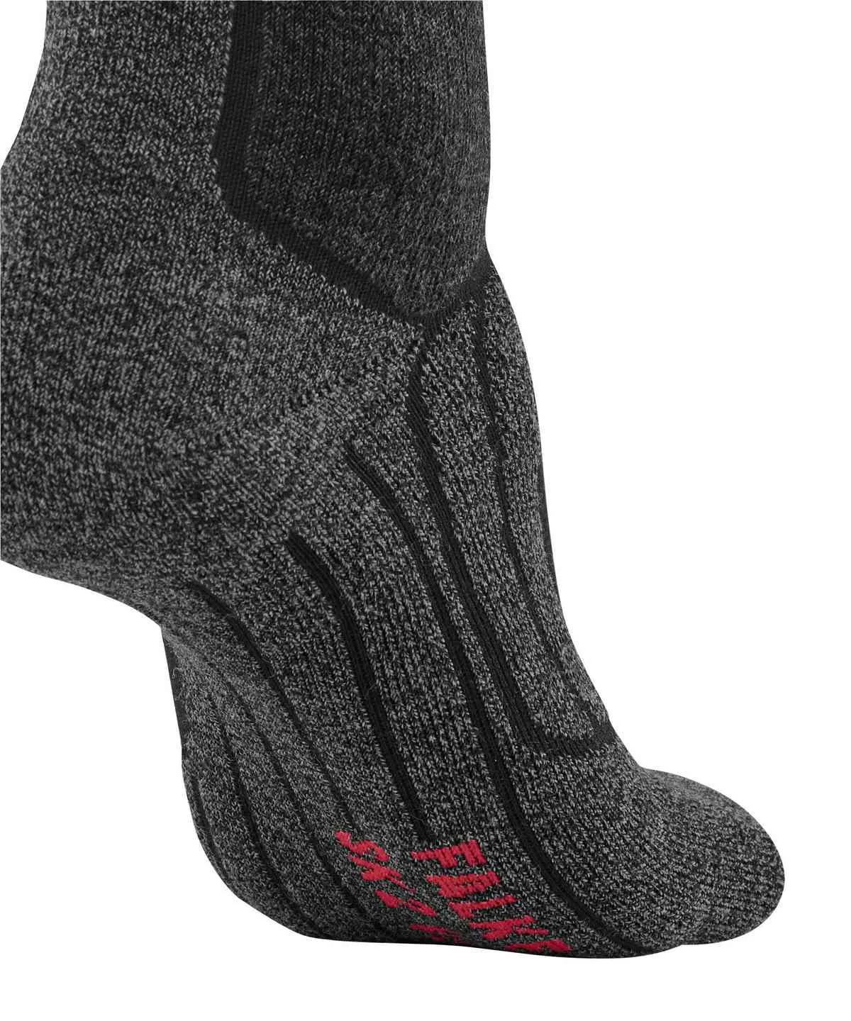 Close-up of the heel and sole of a dark gray heathered sock with reinforced black ribbed sections for cushioning and support. Red letters on the heel form part of a brand logo against a white background.