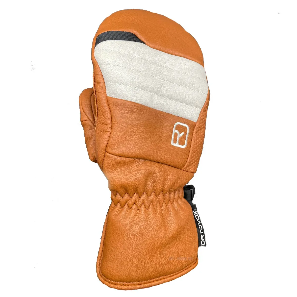 Close-up: Ortovox Full Leather Mitten in Bristle Brown. Leather mitten with white insert and brand logo.