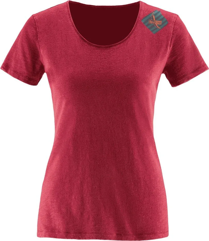 T-shirt rossa da donna NOE 17 con scollo rotondo, vista frontale. Logo stampato in alto a destra.