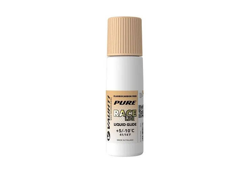 Weiße Flasche Vauhti Race LDR Liquid Glide mit beigem Deckel. Text auf der Flasche.