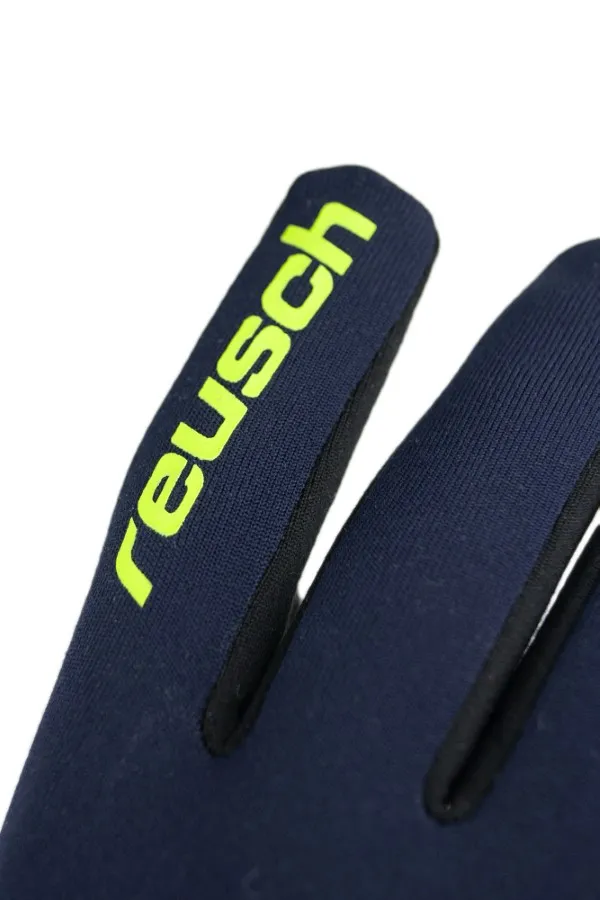 Primo piano: guanto in pile Reusch Touch-Tec blu, logo giallo sul dito.