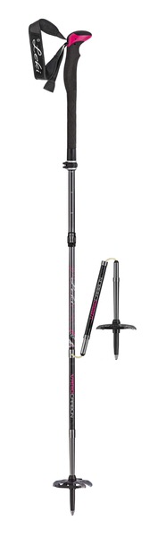 Skitourenstock Leki Tourstick Vario Carbon Lady, grau und pink, zusammengeklappt und ausgezogen sichtbar.